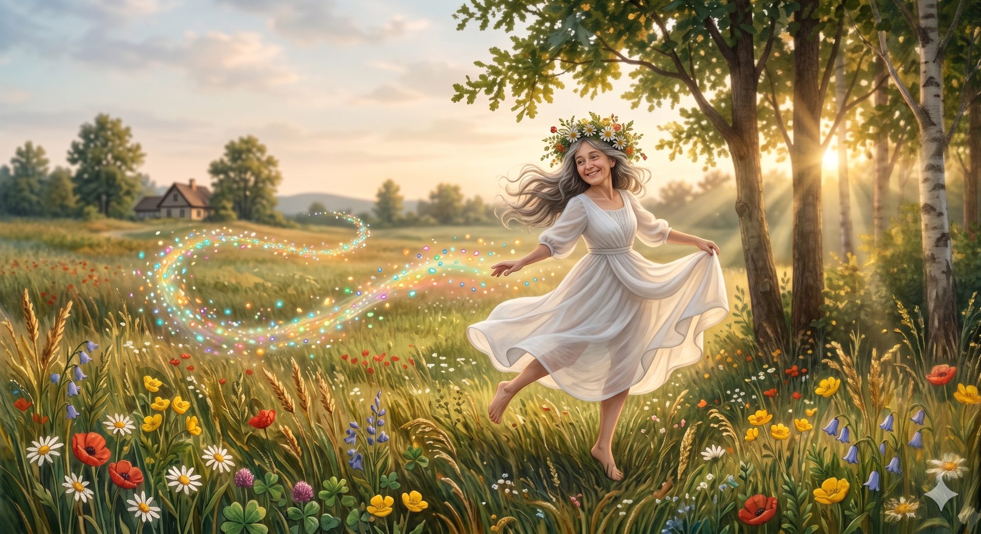 A woman with a flower wreath dances through a sunlit summer meadow, a glowing trail of multicolored tokens curving behind her like a song.